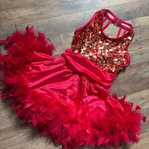 Weissman Red & Gold Sequin Dance Costume with Feathers Tap Jazz Recital see INFO